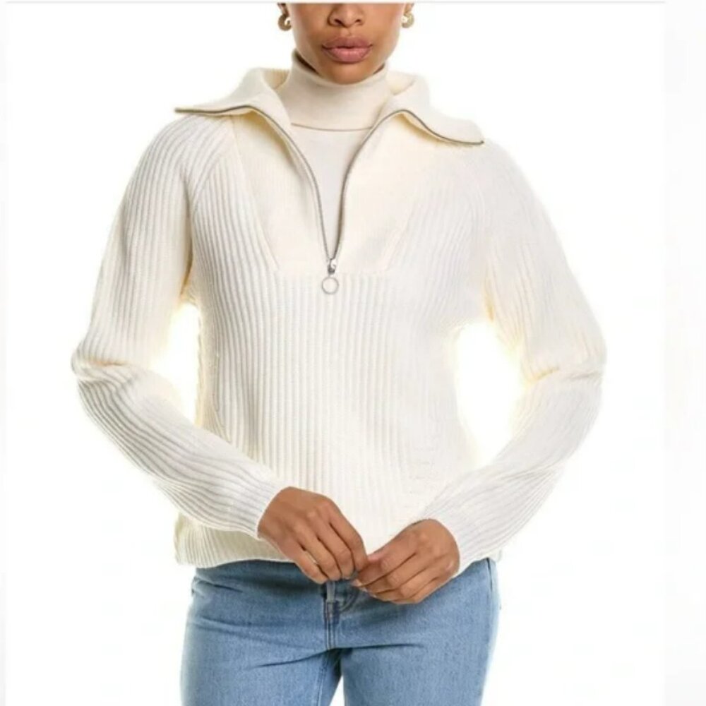 Nine West White Zip Up Pullover with Puff Sleeves Sz S